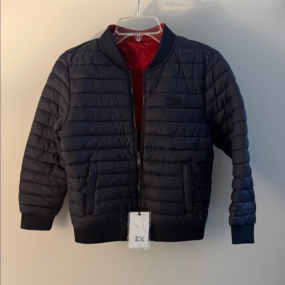Navy Kids Quilted Puffer Jacket with Red Lining.  Reversible
